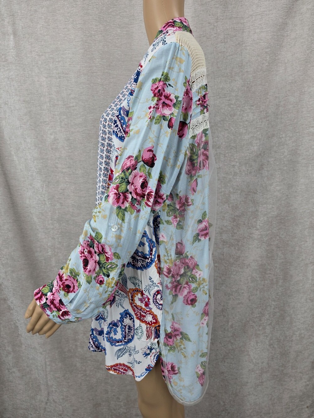 John Mark Floral Embroidered Sheer Panel Long Sleeve Top Mixed Pattern Patchwork - Picture 4 of 12